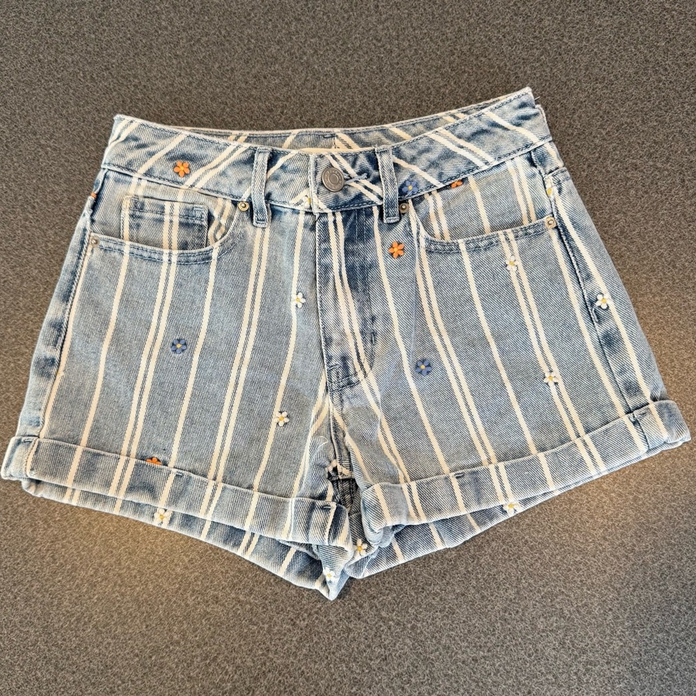 PacSun Blue Striped Jean Shorts with Orange Accents